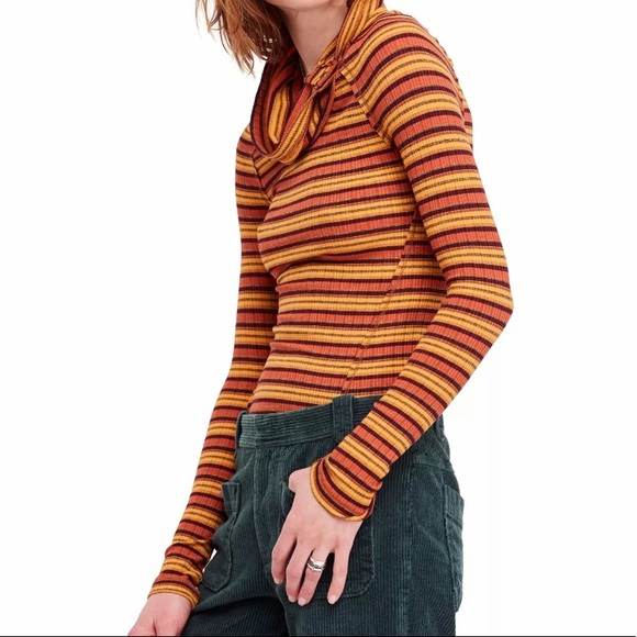 🔥FREE PEOPLE🔥CAPE COD COWL-NECK STRIPED THERMAL TOP BURNT ORANGE XS NWT - Picture 2 of 5